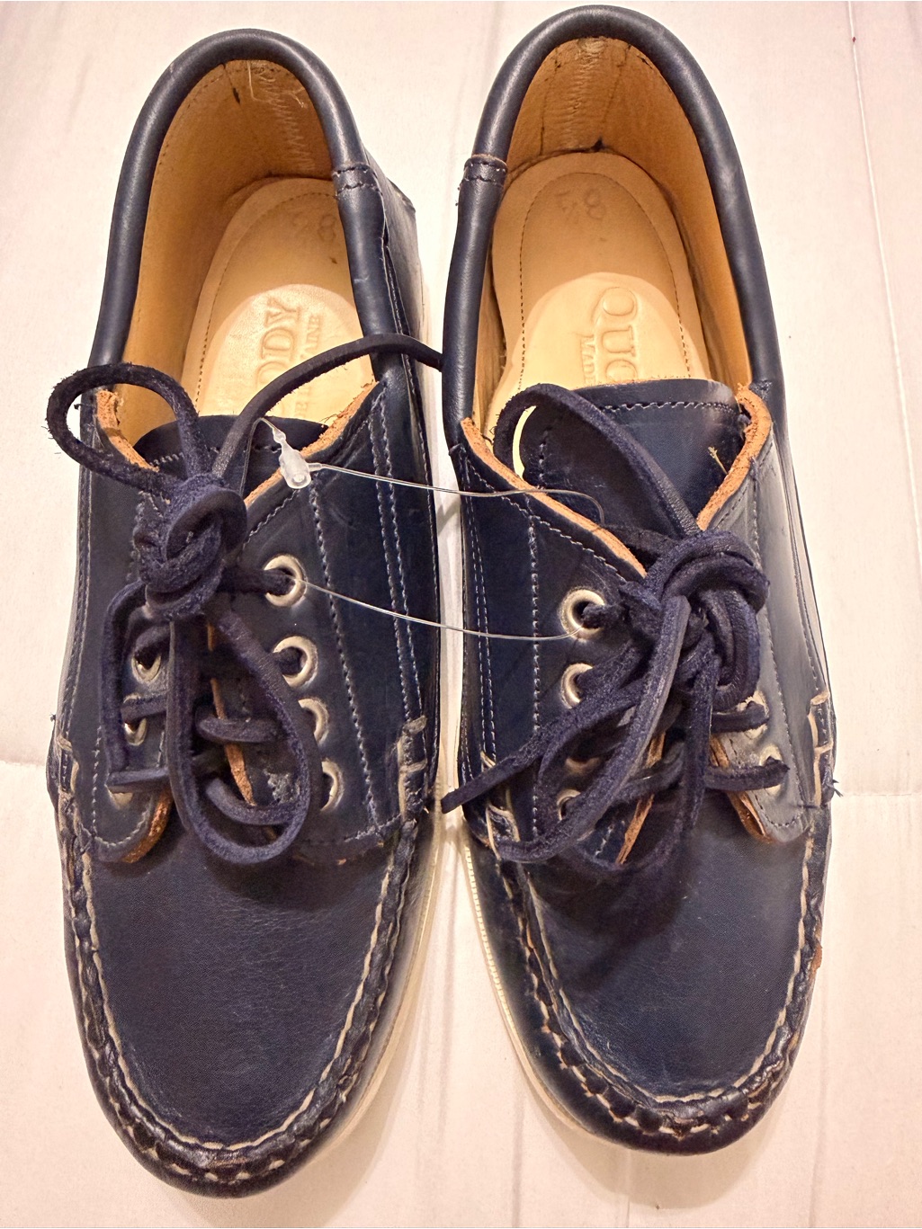 Quoddy Made In Maine Navy Blue Leather Boat Shoes Mens 8.5 Deck Shoes Handsewn